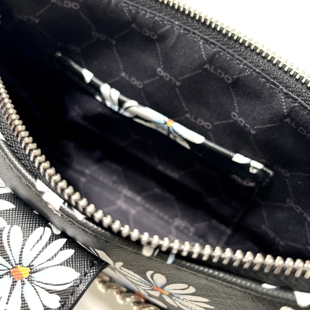 ALDO Daisy Floral Shoulder Bag Black White Chain Baguette Purse NWT